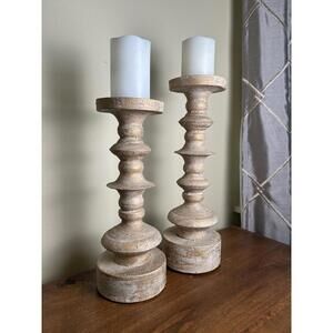 Pair of Distressed White Wash Turned Wood Pillar Candle Holders